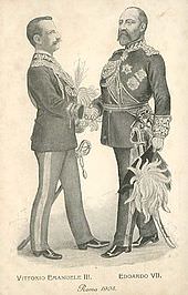Una stampa italiana dell’epoca che ricorda l’incontro di Edoardo VII (a destra) con Vittorio Emanuele III a Roma nel 1903. 
