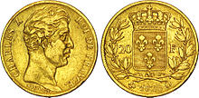 Moneta in oro da 20 franchi di Carlo X 