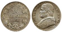 Moneta da 20 baiocchi con effigie di papa Pio IX. 