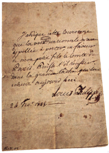 Abdicazione di Luigi Filippo in favore di suo nipote, il conte di Parigi, datata 24 febbraio 1848.