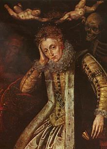 Ritratto allegorico di Elisabetta anziana. Il Tempo la scruta, la Morte ghigna alle sue spalle e due cherubini sostengono la corona ormai troppo pesante. 