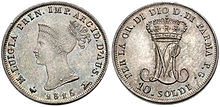 Una moneta del Ducato di Parma, Piacenza e Guastalla, con l'effigie di Maria Luigia. 