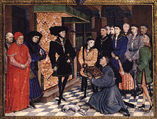 Charles bambino al fianco di suo padre, il duca Filippo il Buono . Frontespizio da Rogier van der Weyden di Hainaut Chronicles verso 1447-1448 ( Biblioteca Reale del Belgio ). 