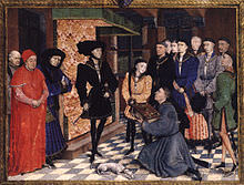 Charles bambino al fianco di suo padre, il duca Filippo il Buono . Frontespizio da Rogier van der Weyden di Hainaut Chronicles verso 1447-1448 ( Biblioteca Reale del Belgio ).