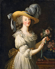 Maria Antonietta in abito di mussola bianca e cappello di paglia. Dipinto di Élisabeth Vigée-Le Brun (1783).