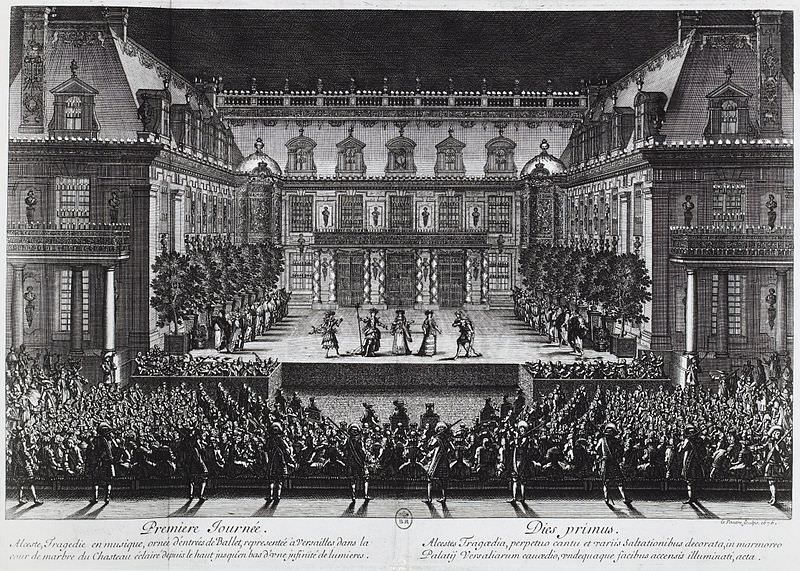 Rappresentazione del balletto dell'Alceste di Jean-Baptiste Lully eseguita nella Corte di Marmo della Reggia di Versailles, il 4 luglio 1674.