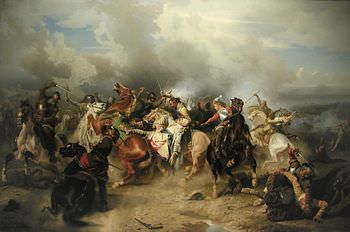 La morte di Gustavo Adolfo nella battaglia di Lutzen in un quadro del pittore Carl Wahlbom. 
